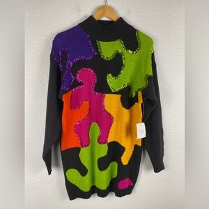 NWT Santoria vintage 1990s tunic sweater colorful sequined puzzle-like design M